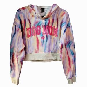 Dog Mom Upcycled Tie Dye Cropped Fleece Lined Hoodie, M